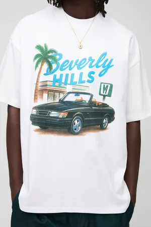Boohoo Oversized Wit Beverly Hills Palm Print T-Shirt Met Brede Nek