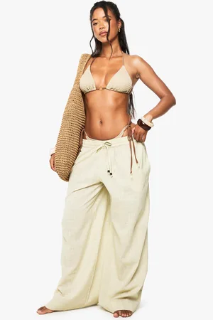 Boohoo Linnen Wide Leg Strand Broek Met Kraaltjes
