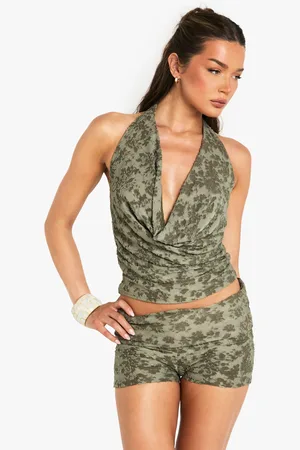 Boohoo Bloemenprint Jacquard Top Met Kraag En Halter Neck