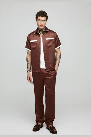 Boohoo Regular Short Sleeve Contrast Panel Satin Shirt & Straight Fit Trouser Set