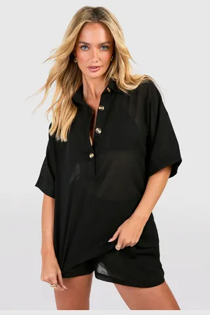 Boohoo Linnen Look Kaftan Blouse Met Knopen En Shorts Strand Set