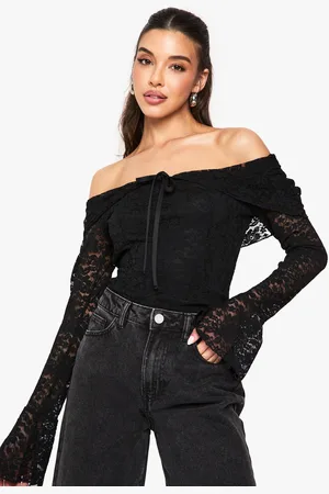 Boohoo Kanten Top Met Uitgesneden Hals, Strik En Lange Mouwen