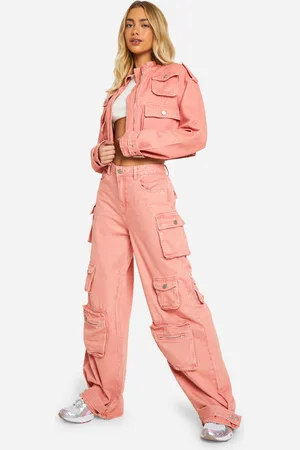 Boohoo Roze Acid Wash Gebleekte Denim Cargo Broek