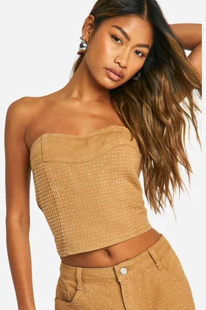 Boohoo Denim Corset Top Met Harvormige Halslijn En Steentjes