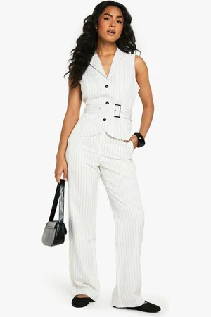 Boohoo Getailleerde Mid Rise Wide Leg Broek Met Krijtstrepen