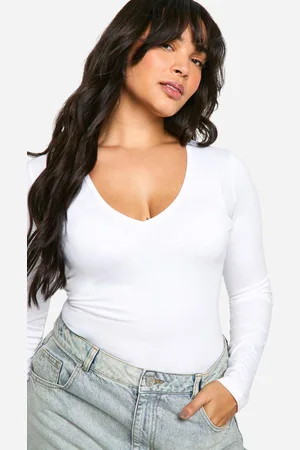 Boohoo Plus Katoenen One Piece Met Laag Decolleté En Lange Mouwen