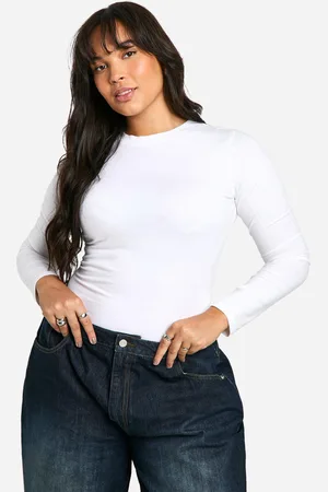 Boohoo Plus Katoenen One Piece Met Lange Mouwen En Crewneck
