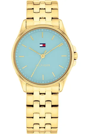 Tommy Hilfiger Goudenkleurige dames horloge met blauwe wijzerplaat