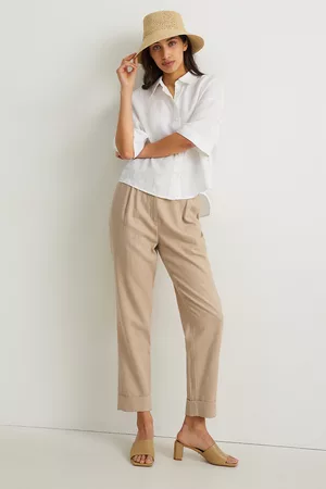 C&A Dames Pantalon - Pantalon-high waist-tapered fit-linnenmix, , Maat: 34