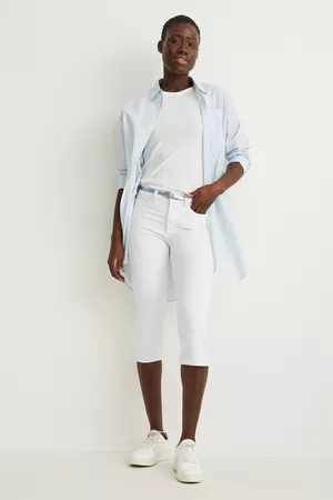 C&A Dames Mid Waisted Jeans - Capri jeans met riem-mid waist-slim fit, , Maat: 34