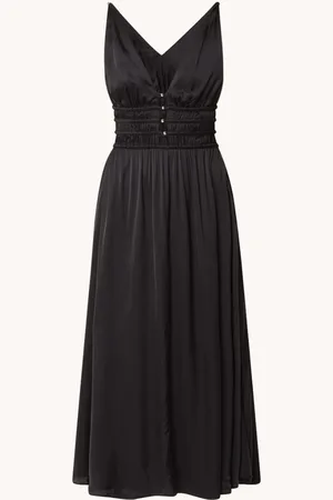 Maje Midi jurk van satijn met cut-out detail en smockwerk