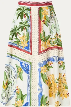Farm Rio Midi rok in linnenblend met print en opengewerkt detail