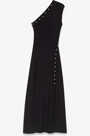 Maje Fijngebreide one shoulder midi jurk met rugdecolleté
