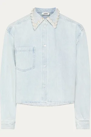 Sandro Blouse van denim met imitatieparels