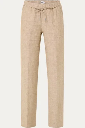 Brax Farina mid waist straight fit broek van linnen met strikceintuur
