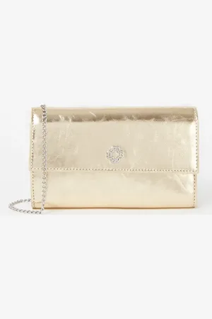 Maje Clutch met metallic finish en afneembare schouderriem