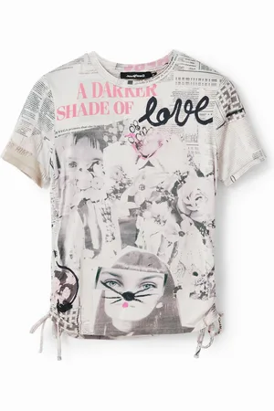 Desigual Slim fit T-shirt met plooitjes en krantenprint