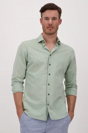 Upper East Heren Overhemden - Groen hemd met linnen - slim fit, Heren, Merk: , Maat: 37/38