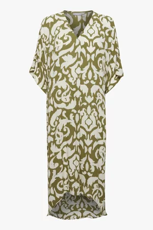 FRANSA Dames Geprinte jurken - Wijd kleedje met beige-olijfgroene print, Dames, Merk: , Maat: 42/44