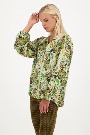 Geisha Dames Geprinte Blouses - Groene blouse met roestoranje bladerprint, Dames, Merk: , Maat: 36