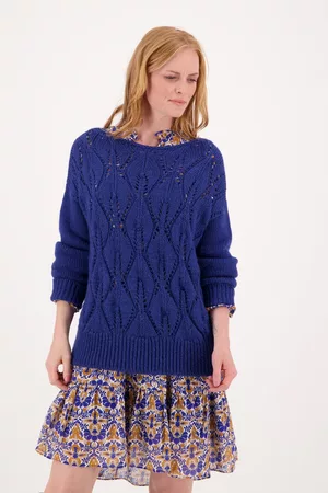 More & More Dames Fleece truien - Gehaakte donkerblauwe trui met patroon, Dames, Merk: , Maat: 36