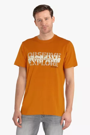 Ravøtt Heren T-shirts - Oranje T-shirt met blauw opschrift, Heren, Merk: , Maat: S