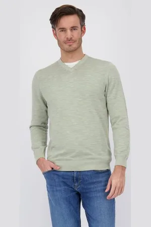 Michaelis Beige-groene fijn gebreide trui met V-hals