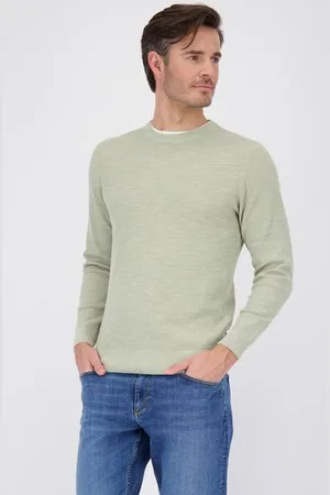 Michaelis Beige-groene fijn gebreide trui met ronde hals