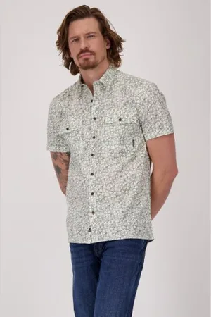 BLUE FIELDS Hemd met kaki print, korte mouw - Regular fit