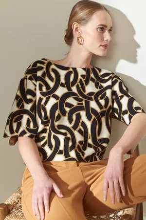 D Auvry Ecru blouse met schakelprint