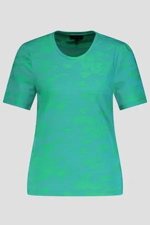 Claude Arielle Blauwgroen T-shirt met fijne bladerprint