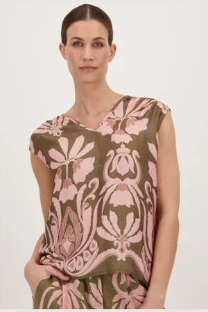 More & More Kaki blouse met roze bloemenprint