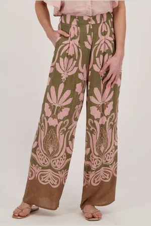 More & More Kaki palazzo broek met roze bloemenprint