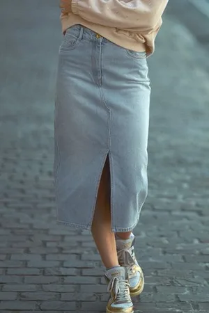 Liberty Island Halflange denim rok - grijsblauw