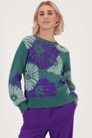 Libelle Zachte groene trui met paarse print