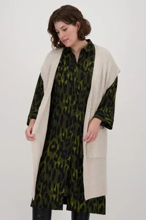 FRANSA Lange ecru cardigan zonder mouwen