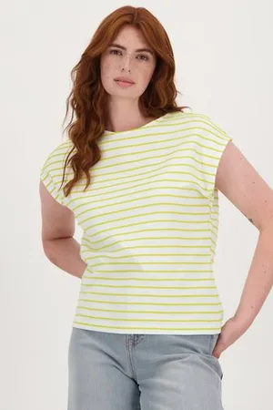 Liberty Island Ecru T-shirt met geel- gestreept patroon