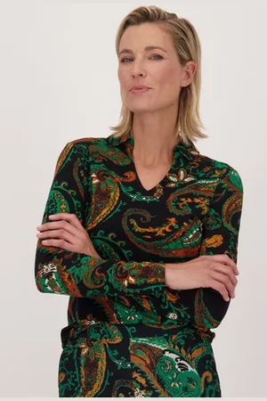 Claude Arielle Donkerblauwe polo met groene paisley print