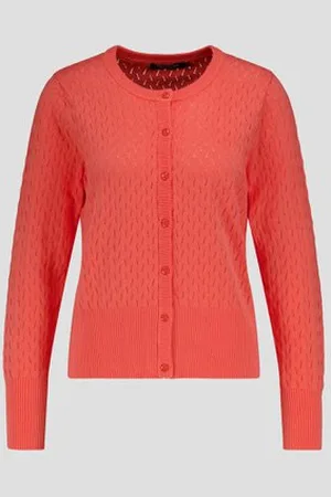 Signature Koraalrode cardigan met opengewerkt breiwerk