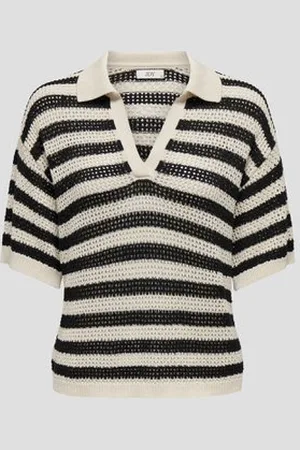 JDY Beige gebreide polo met zwart gestreept motief