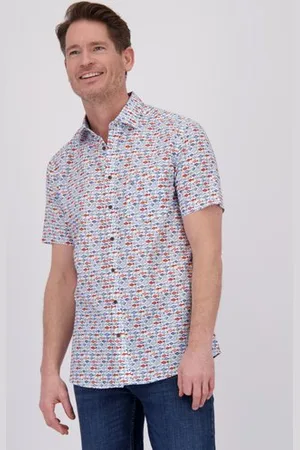 Dansaert Blue Wit hemd met blauw-rode visjesprint - Regular fit