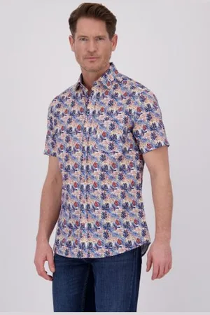 Dansaert Blue Wit hemd met blauwe bladerprint - Regular fit