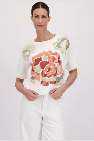 More & More Ecru sweater met kaki-roze glitterbloem