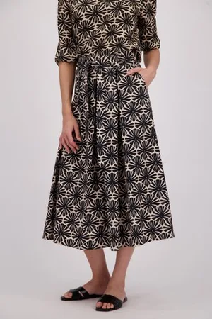 More & More Beige midi rok met zwarte bloemenprint
