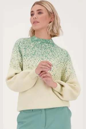 Libelle Ecru trui met turquoise gestipt motief