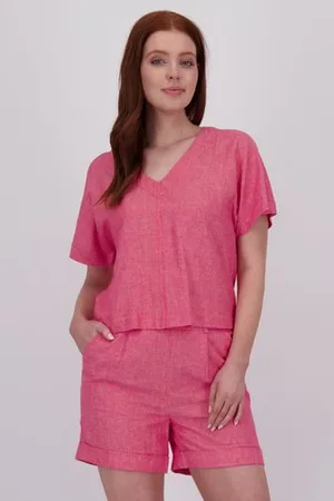 Libelle Linnen blouse in koraal met V-hals