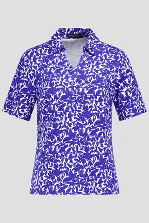 Claude Arielle Ecru polo met blauwe bladerprint