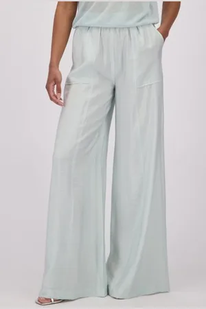 LOUISE Wijde pastelturqoise broek in glansstof