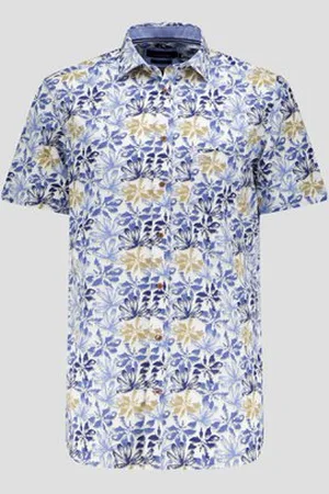 Dansaert Blue Hemd met beige-blauwe bladerprint - Comfort fit