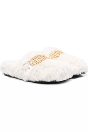 Moschino Teenslippers - Logo-plaque faux-fur slippers